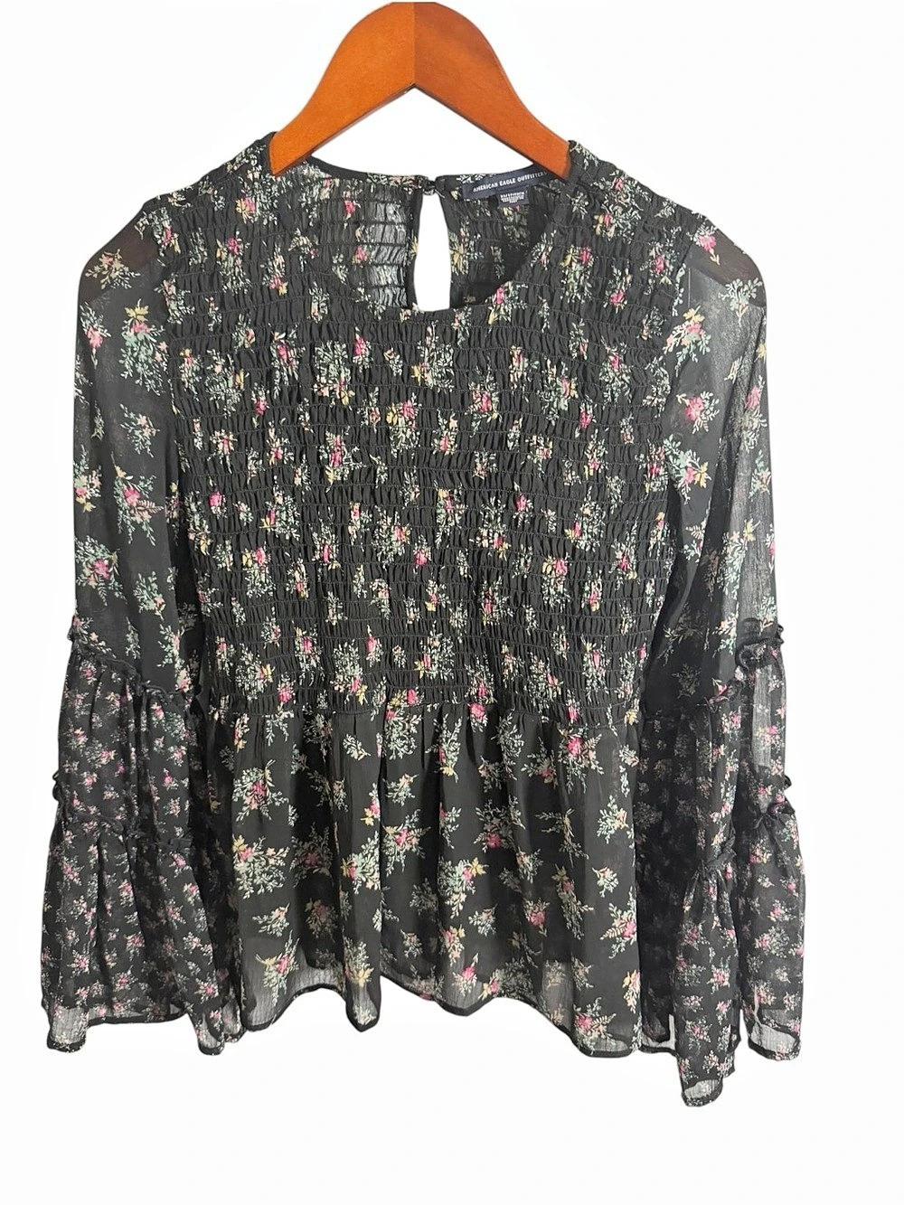 American Eagle Outfitters Floral Smocked Blouse in Black Size XS